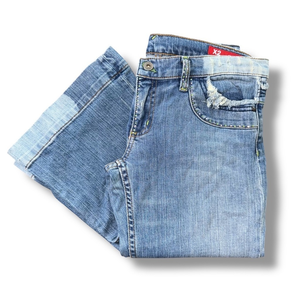 X2 Denim Laboratory embellished flare jeans Y2K Fairy core Green low rise